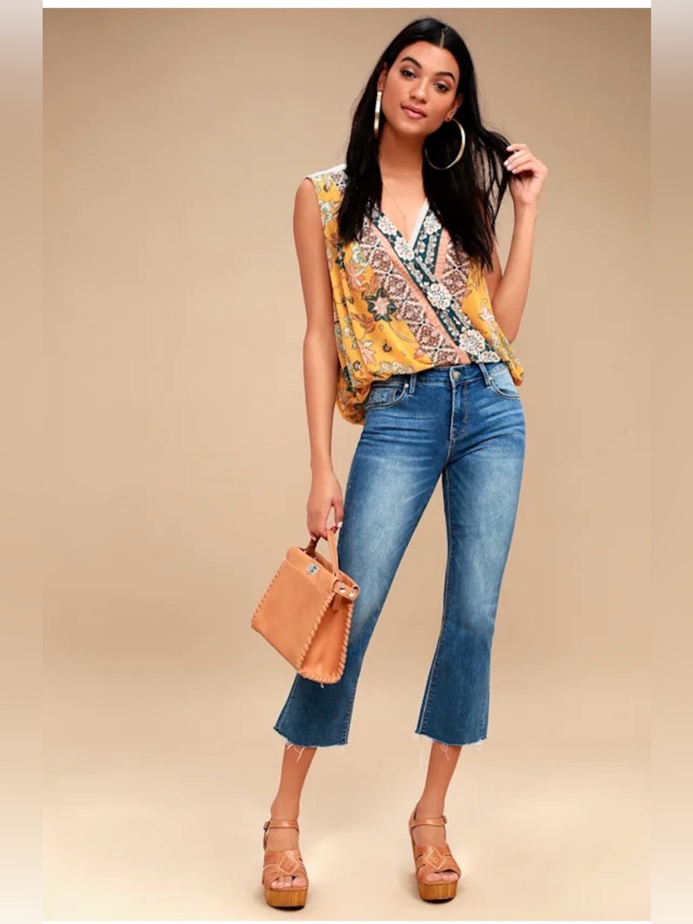 Free People Havana Golden Yellow Floral Print Surplice Top Sz M